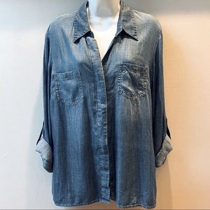 Tribal Jeans 100% Lyocell Chambray Shirt Roll up Sleeves Split Back Size Large